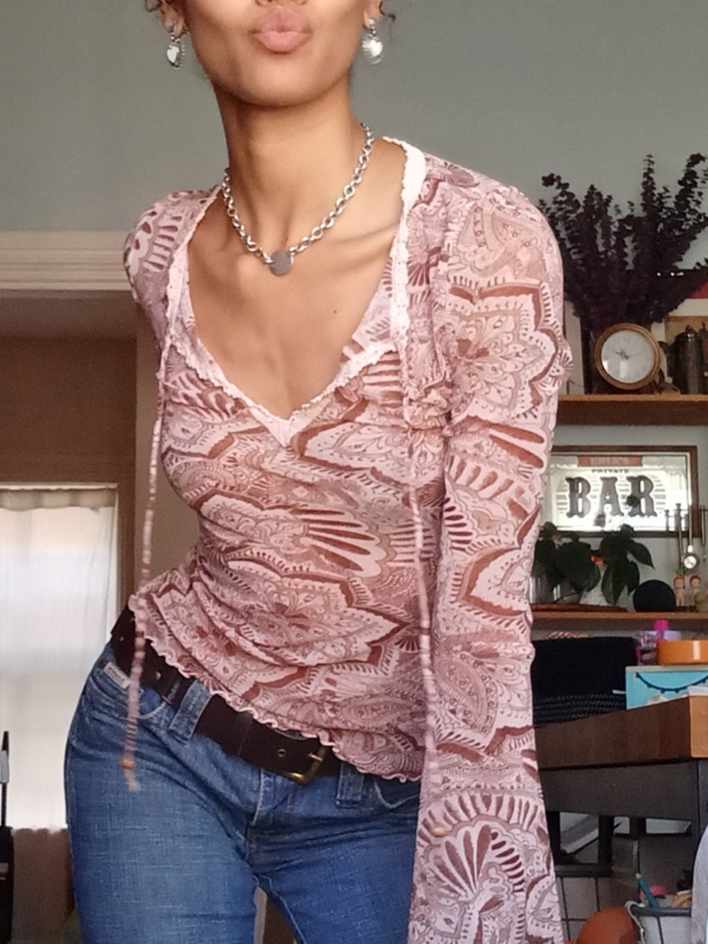 Rare  Guess Jeans Authentic pink mesh paisley top